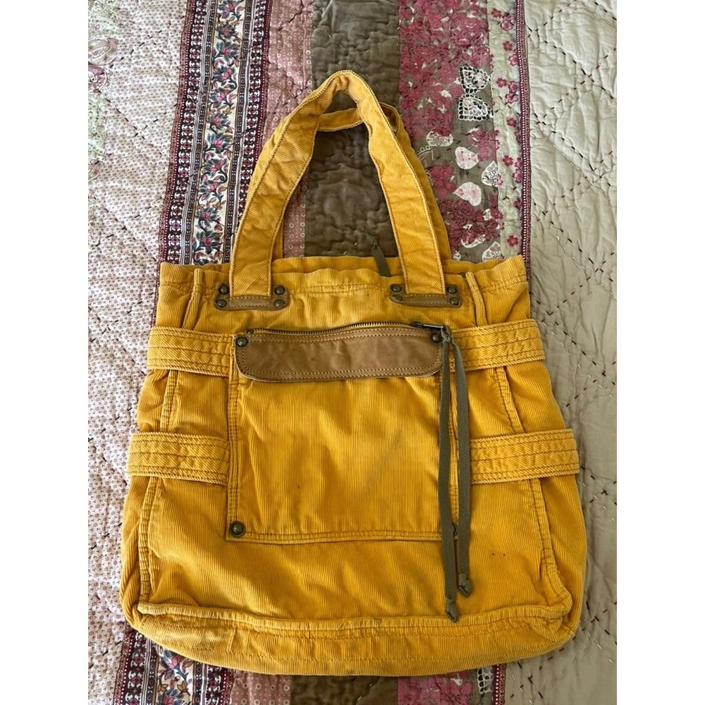 Gap Mustard Yellow Corduroy Tote Bag Leather Trim Cotton Shoulder Bag